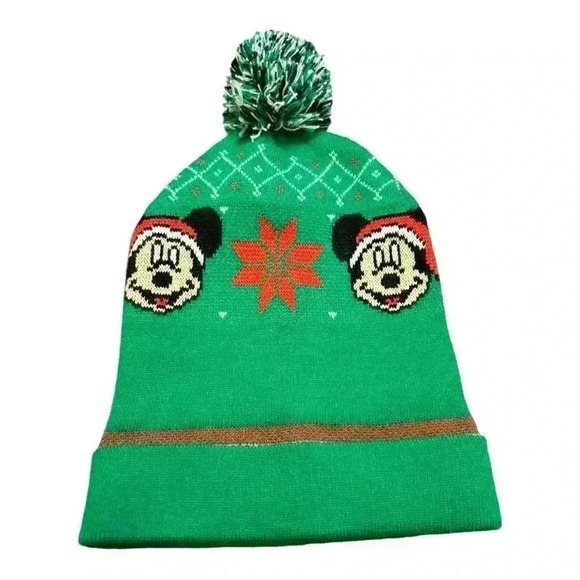 Disney Mickey Mouse Green & Red Christmas Pom-pom Beanie Hat One size fits most - Picture 1 of 5